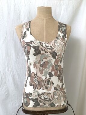 Valerie Stevens Separates Tank Sweater Top-Cream Taupe Green Floral Pattern-PS
